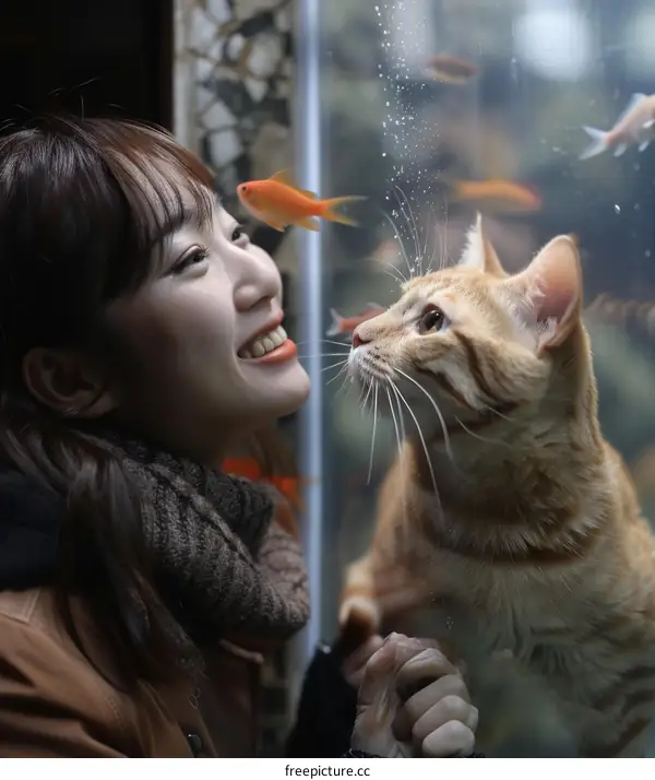 A ginger cat looking at goldfish in a fish tank with a smiling Japanese woman