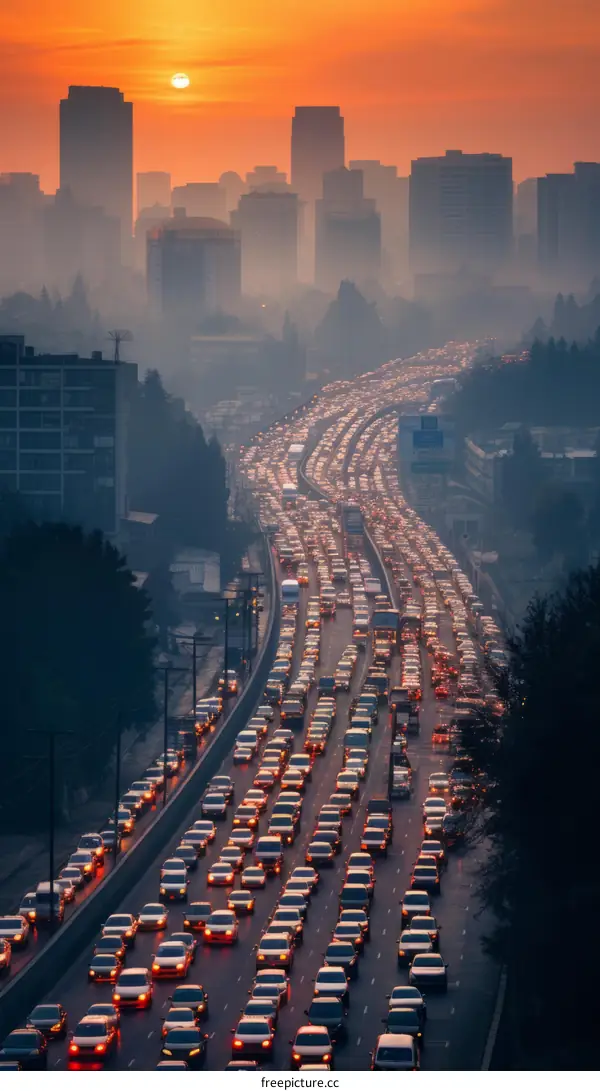 Sunset Cityscape with Rush Hour Traffic Jam