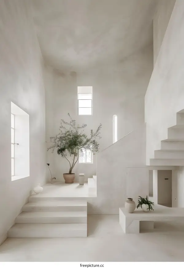 Minimalist White Interior Design with Olive Tree and Stairs