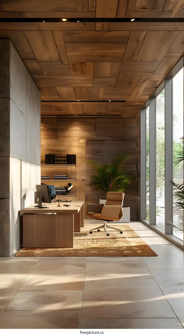 Modern office interior with wooden slat ceiling and large windows