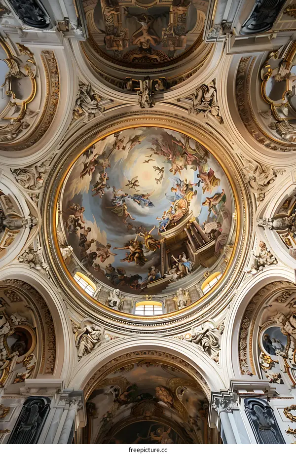 Ornate Ceiling of a Church with a Fresco Depicting a Biblical Scene