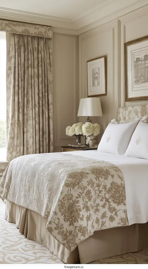 Elegant Beige Bedroom with Floral Bedding