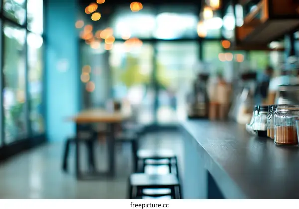 Blurred Cafe Interior with Restaurant Tables and Counter