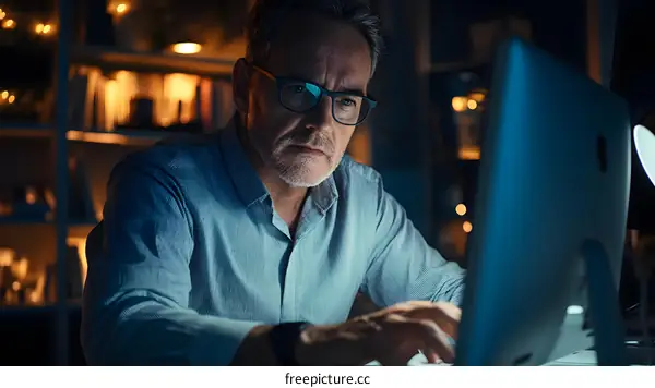 Man Working Late At Night On Computer