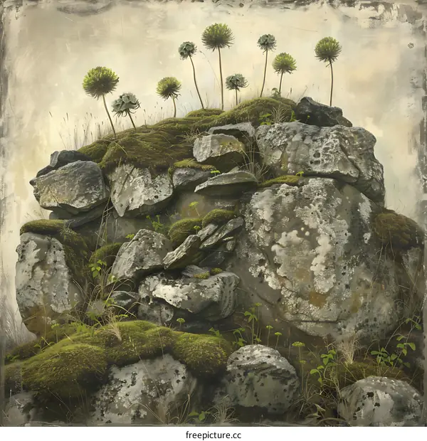 Green Plants on Rocks with Vintage Texture