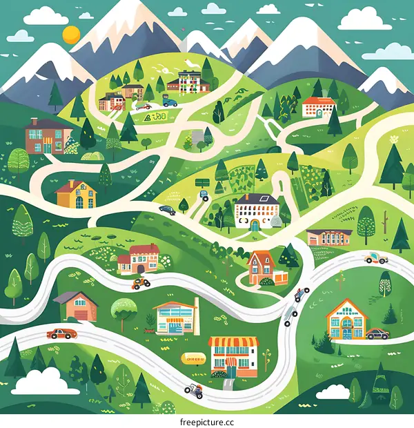 Mountain Village Landscape Illustration with Houses and Winding Roads