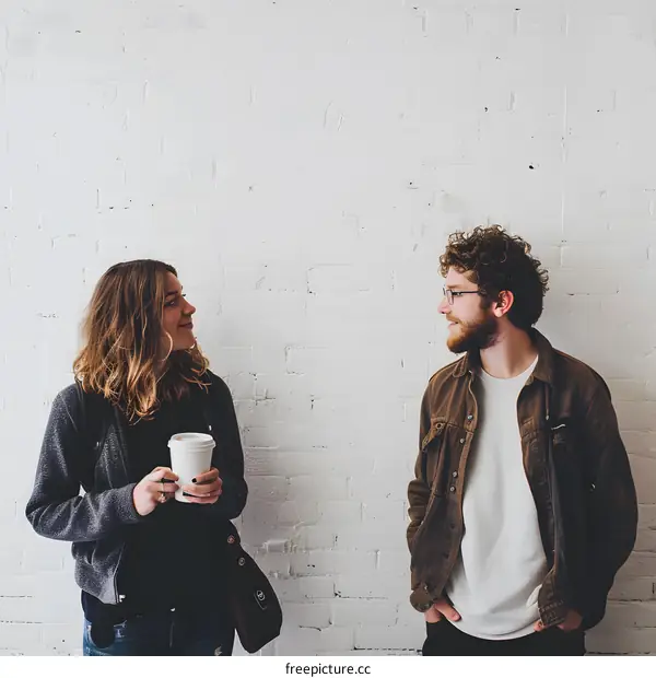 Couple Talking and Drinking Coffee in Front of a White Brick Wall