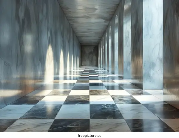 Modern corridor with checkered floor and sunlight