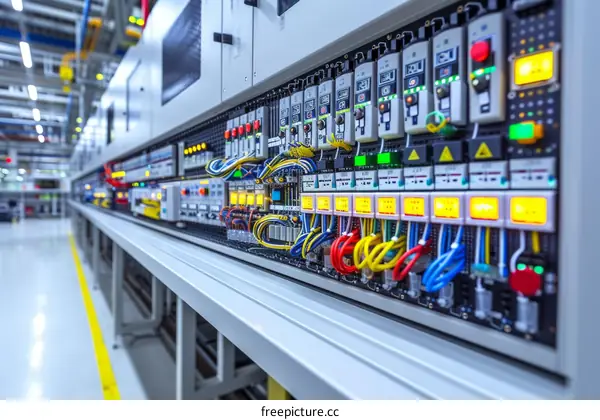 Industrial electrical control panel with indicator lights and switches