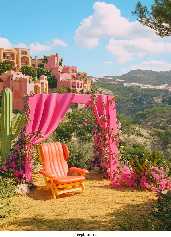 Pink Archway With a Chair in Front of a Desert Landscape