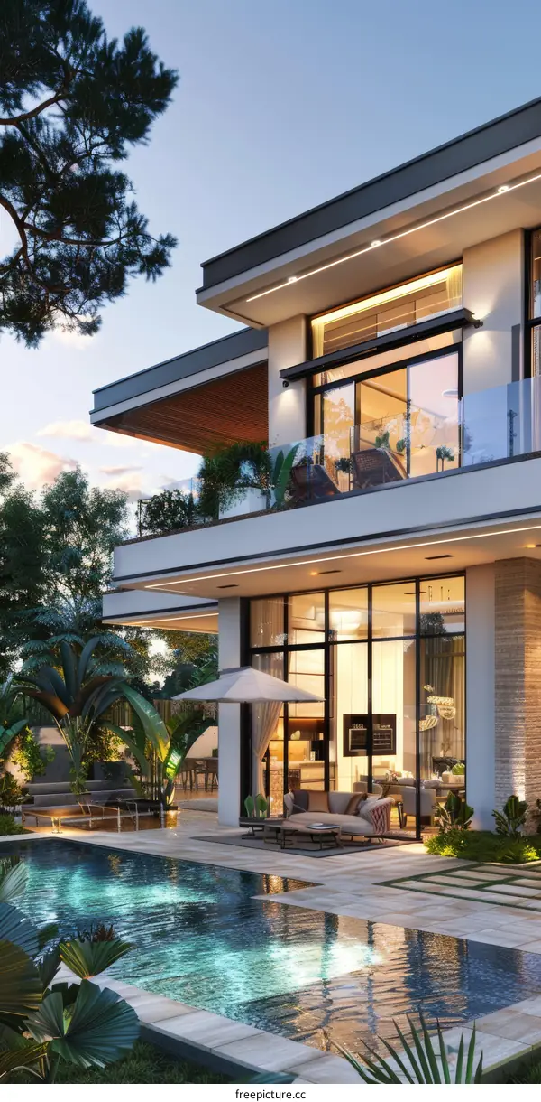 Modern Luxurious Villa with Swimming Pool at Dusk