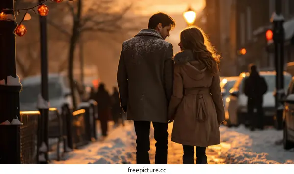 Couple walking down snowy street at sunset