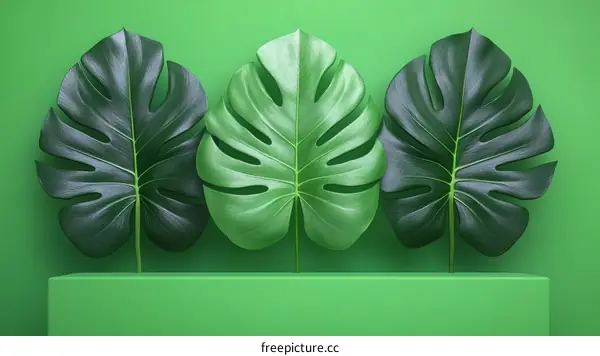 Three Monstera Leaves Against a Green Background