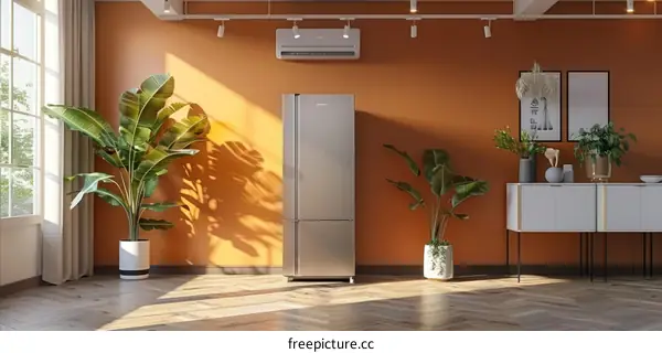 A silver refrigerator in a room with orange walls