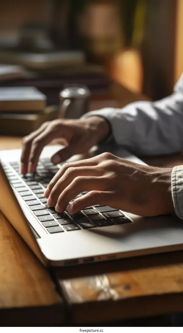 A person of African descent is typing on a laptop keyboard