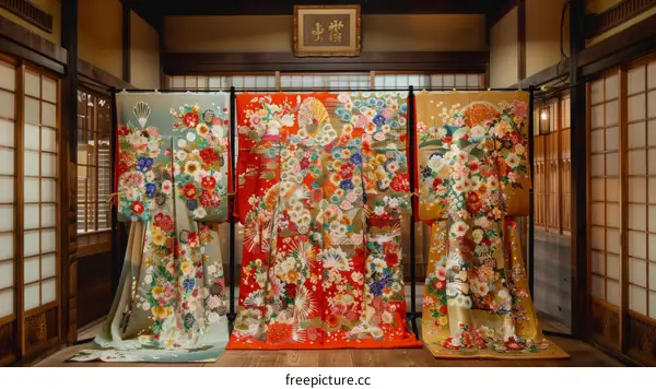 Three colorful kimono with floral patterns displayed in a traditional Japanese room