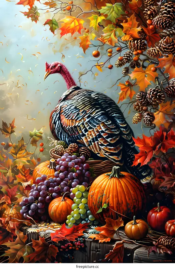 turkey with pumpkins and grapes