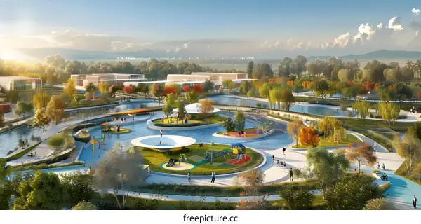 Modern Architectural Design of a Park with Playgrounds and Water Features