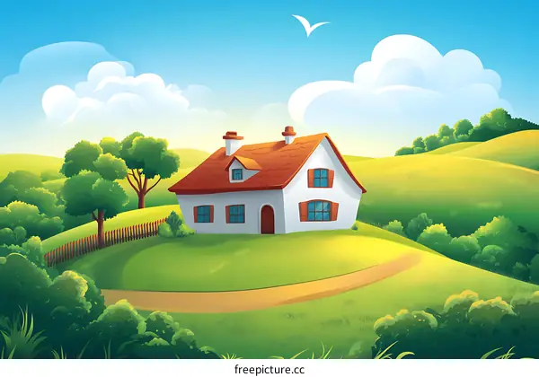 Cartoon House On Green Hill