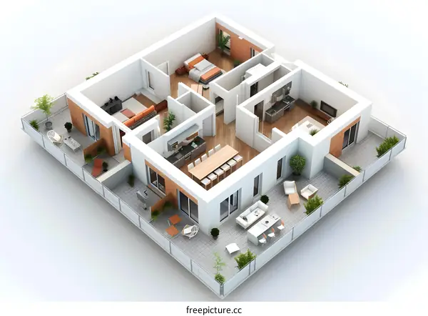 3D Floor Plan of Modern Apartment With Balcony