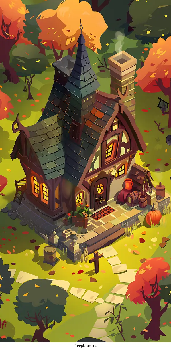 Cartoon Style Autumn Forest House Illustration