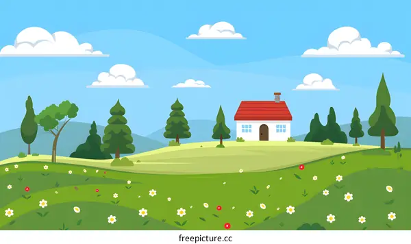 Cartoon Illustration of a House in a Meadow with Green Trees and White Clouds