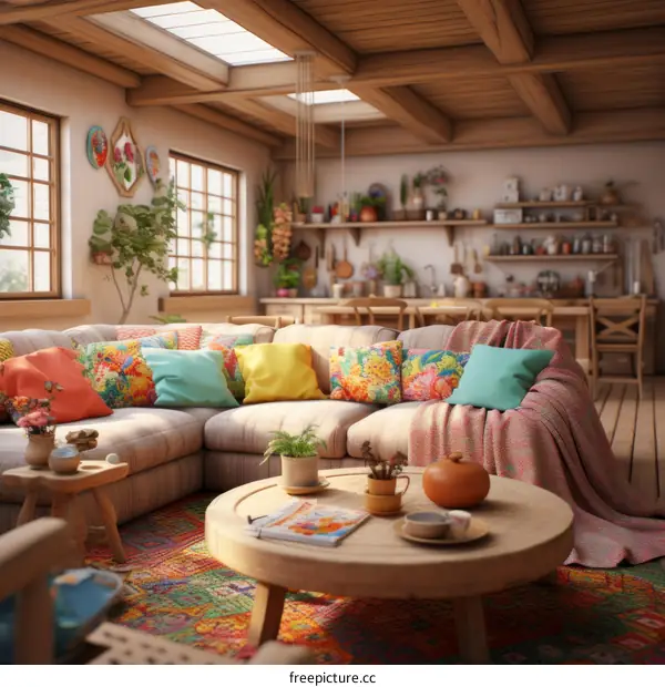 Bohemian Living Room with Cozy Sofa and Kitchen View