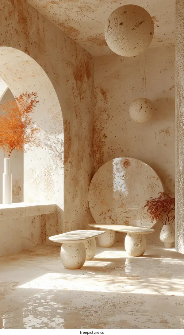 Minimalist Interior with Podiums and Arches