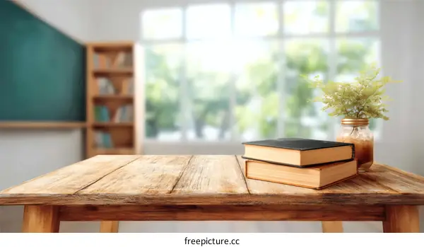 Wooden Tabletop with Books and Plant in a Classroom Setting