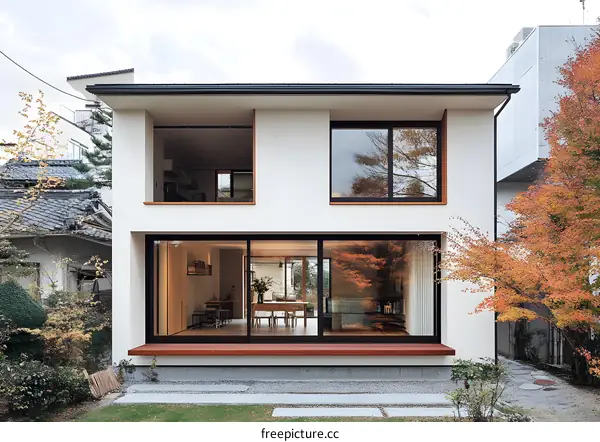 Modern Japanese House with Large Windows and Autumn Leaves