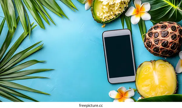 Tropical Summer Flat Lay with Phone and Flowers