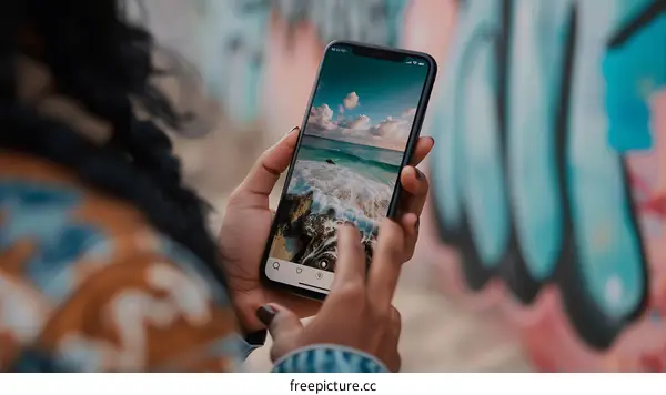 Woman Holding a Smartphone With Beach Image