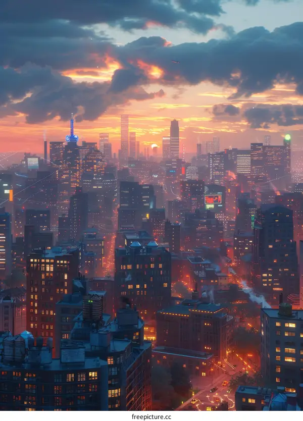 City Skyline at Sunset with Colorful Clouds