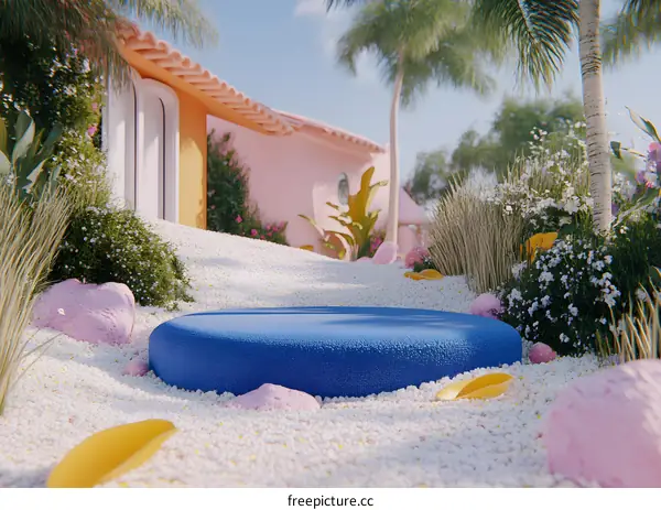 Blue Round Platform in a Summer Garden with Pink and Yellow Details