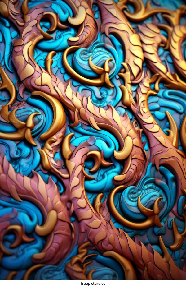 Blue and gold 3D illustration of a tree with curling branches and leaves