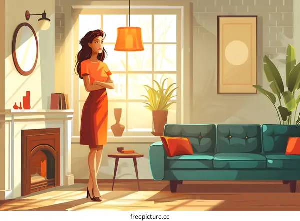A thoughtful woman standing in a modern living room