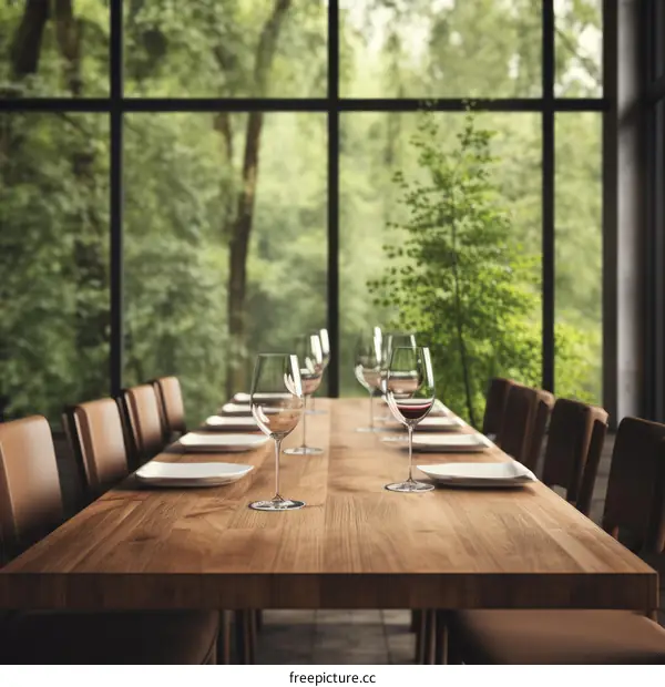 Elegant dinning table set with wine glasses and plates by the forest