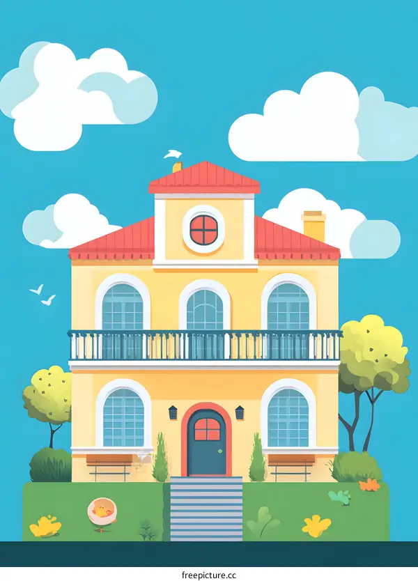 Yellow House with Red Roof and Balcony in Front of Blue Sky