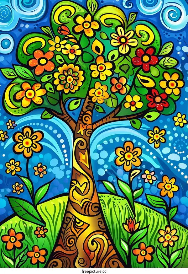 Colorful Tree Illustration with Flowers and Swirls