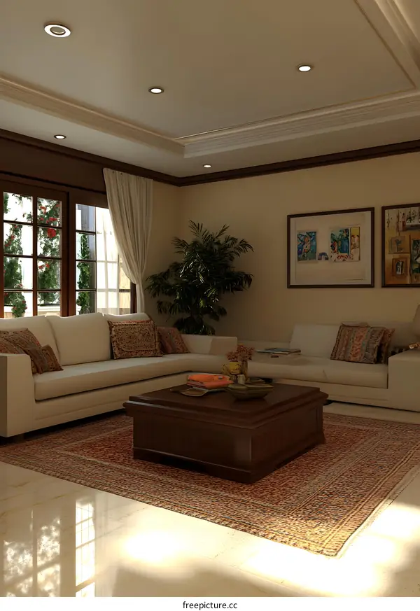 Modern Living Room Interior Design With Beige Sofa And Wooden Coffee Table
