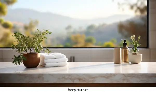Ceramic Soap Dispenser and Indoor Plants on Marble Table with Mountain Landscape Background