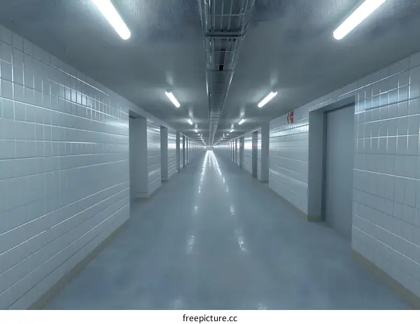 Long White Tile Corridor With Lights