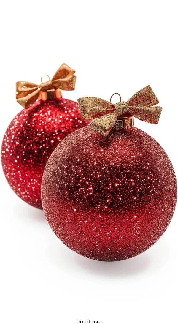 Red Christmas balls with gold glitter and gold bow