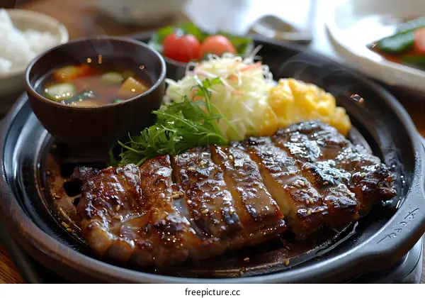 A delicious Japanese steak dinner with rice, miso soup, and salad