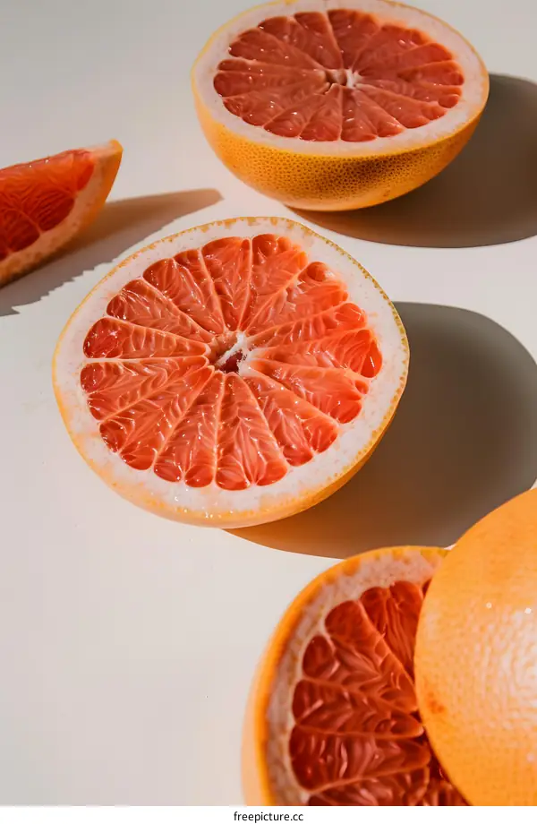 Freshly Cut Grapefruits On White Background
