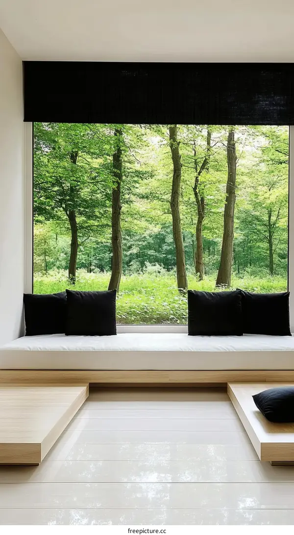 Modern Minimalist Window Seat with Forest View