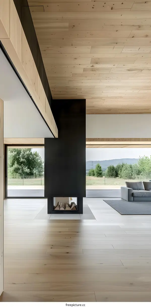 Modern House Interior With Fireplace And Wooden Ceiling