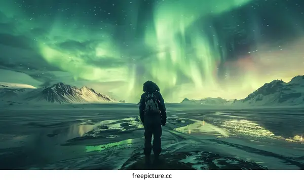 Man in Snowy Field Marvels at Aurora Borealis