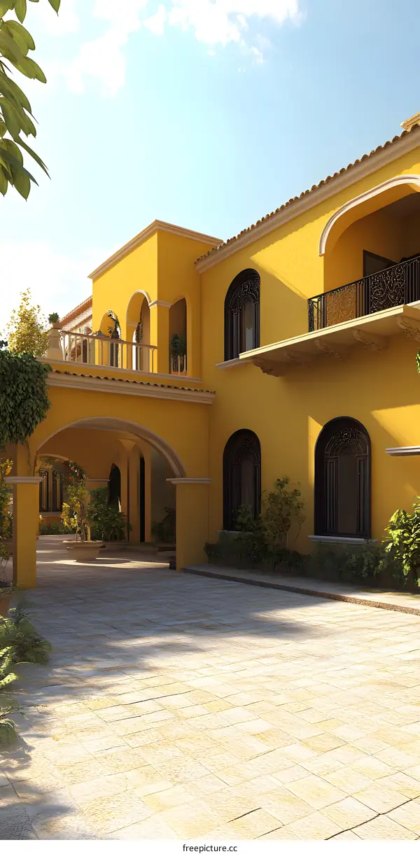 Yellow Mansion with Arches and Balconies