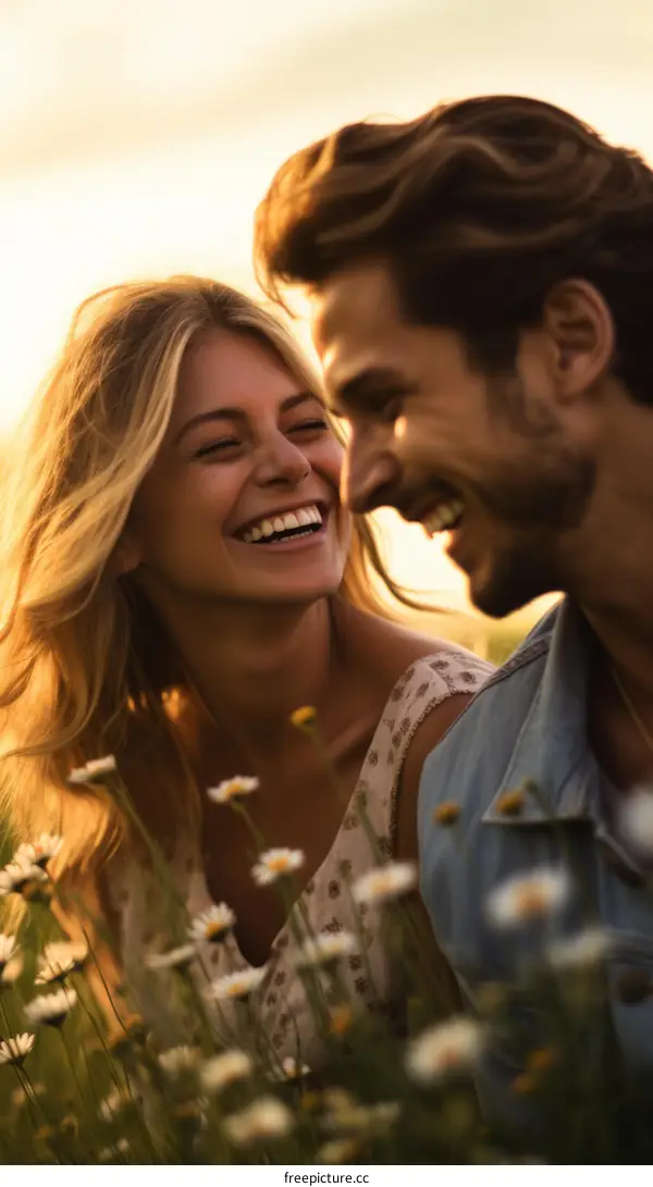 A laughing couple sitting in a field of daisies
